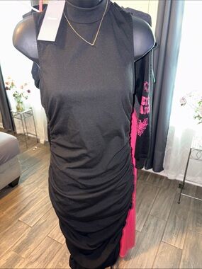 Floerns Sleeveless Black Ruched Midi Dress Medium